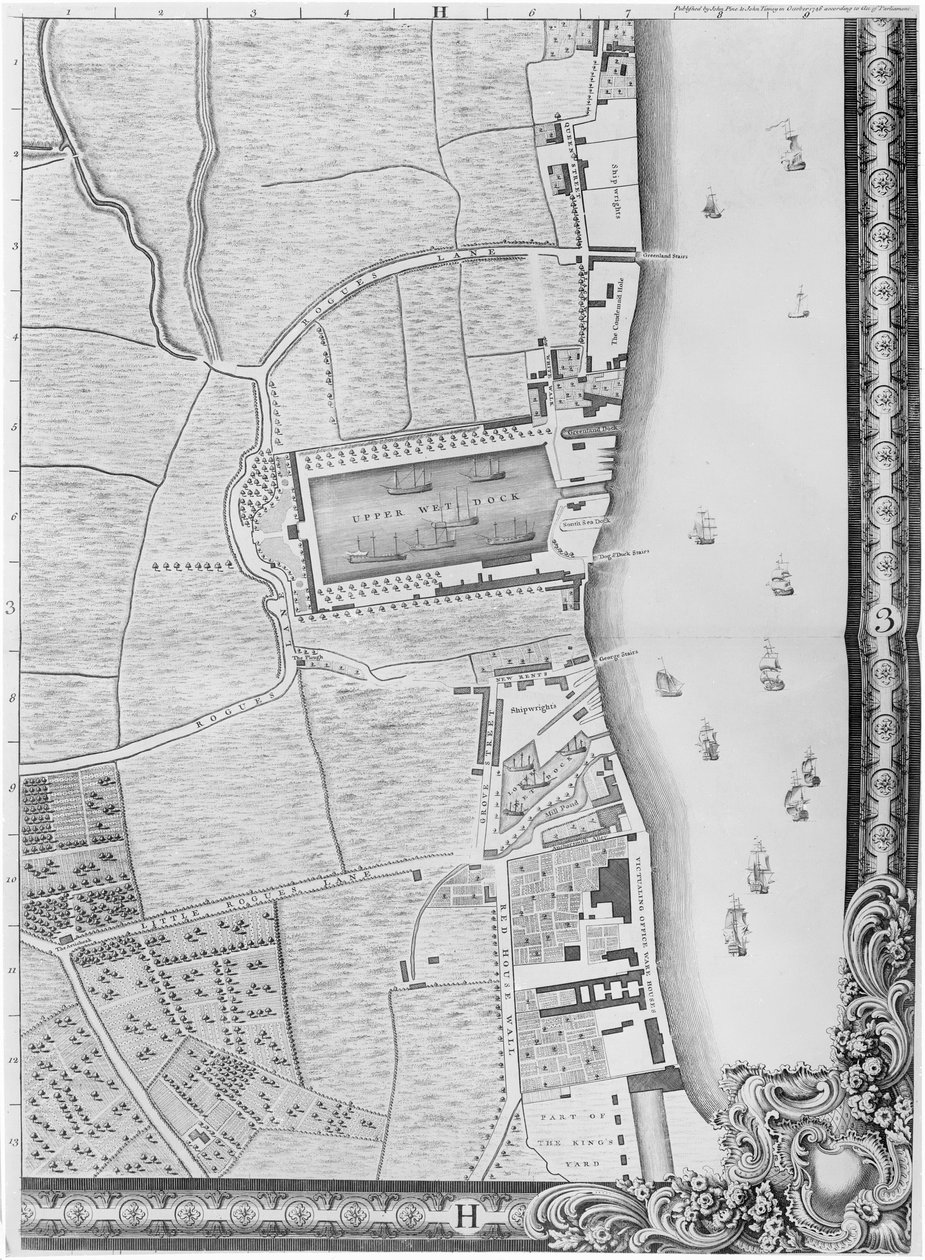 Mapa Dolních Rotherhithe Docks, Londýn, 1746 (rytina) od John Rocque