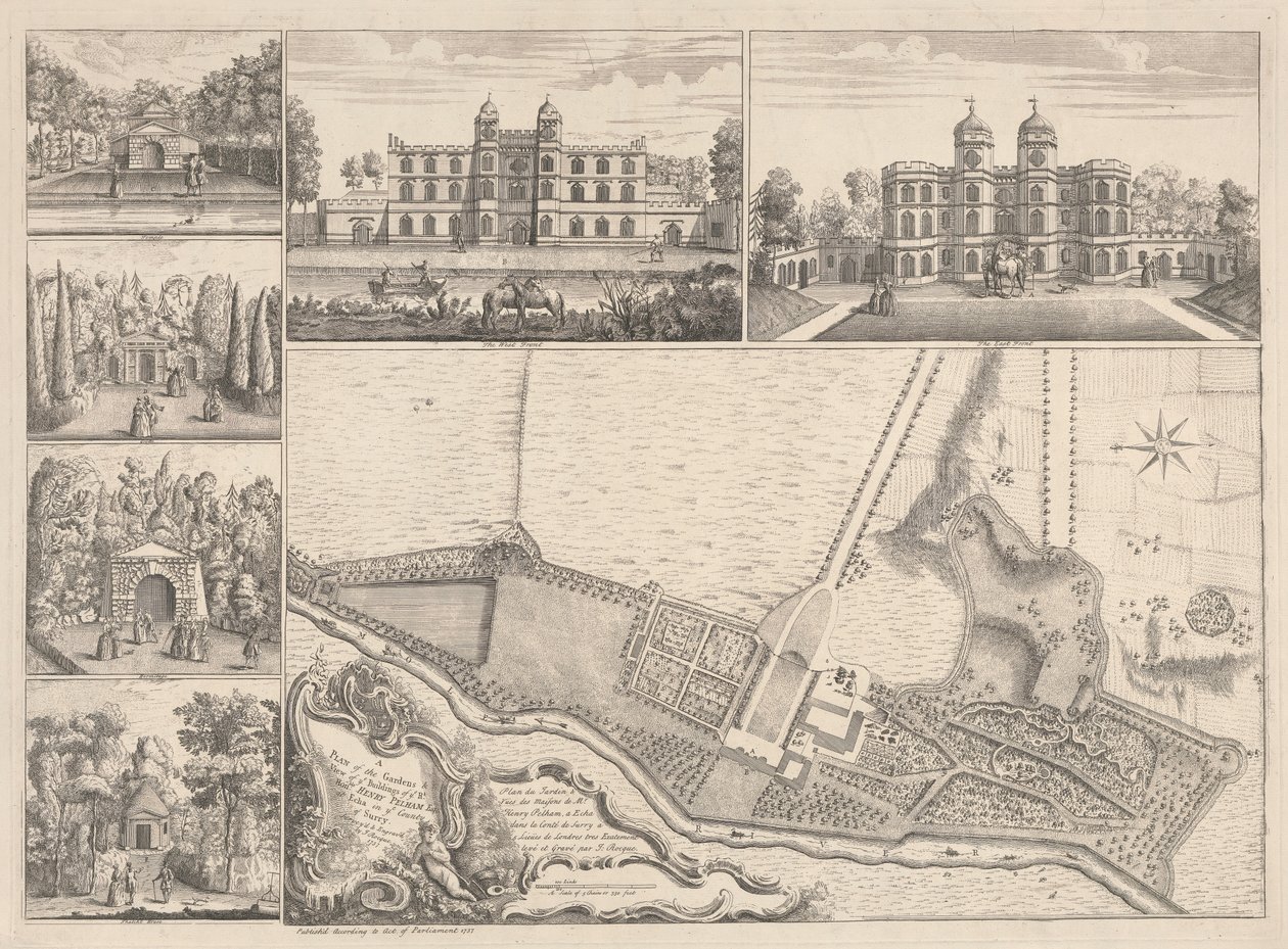 Plán zahrad a pohled na budovy Ye, vážený pane Henry Pelham, Esqr. v Echa v Ye County of Surrey od John Rocque