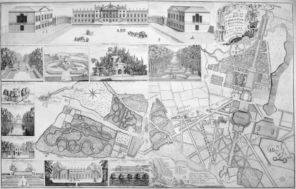Plán domu, zahrad, parku a plantáží Wanstead, sídla hraběte z Tylney, 1735 od John Rocque