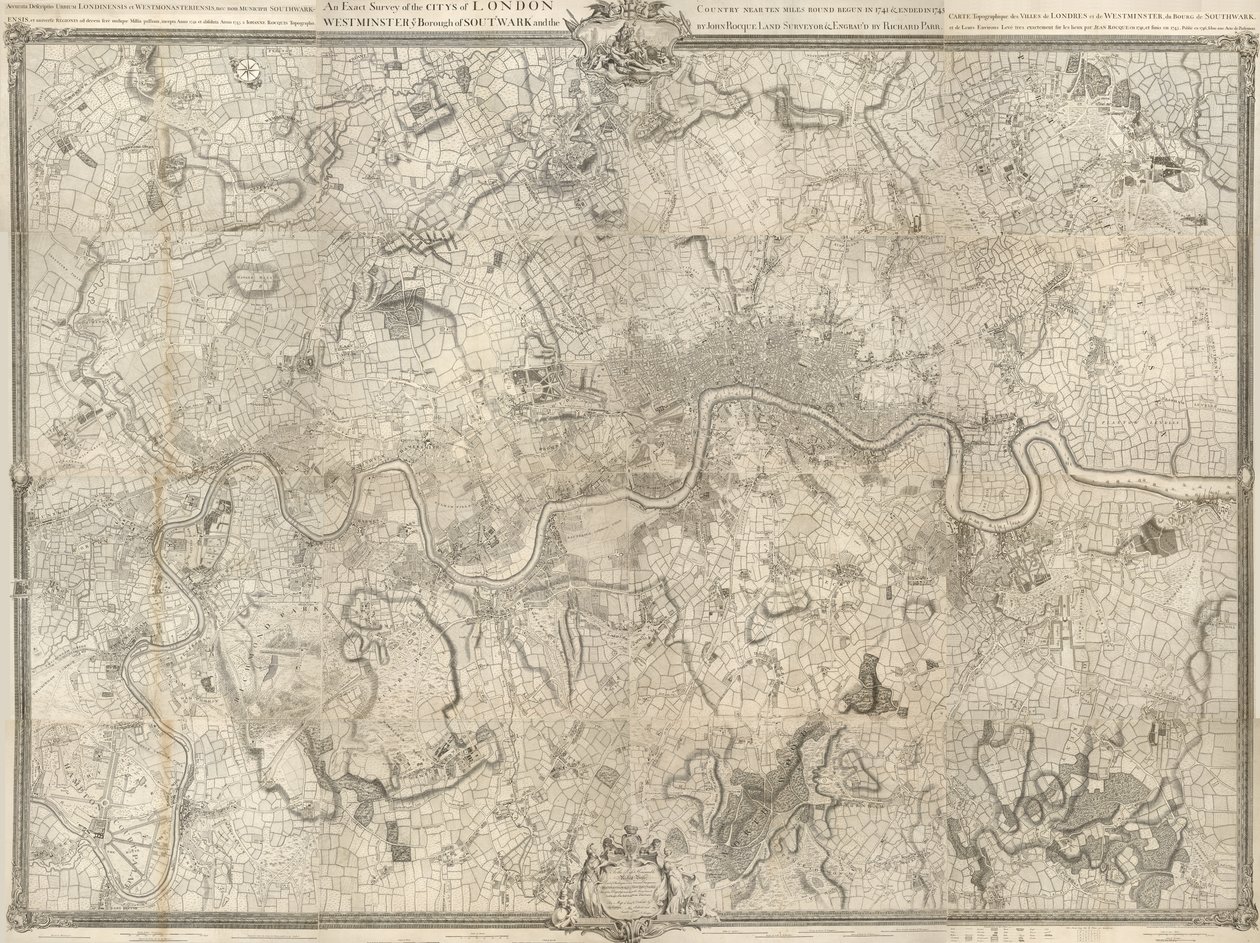 Mapa Londýna z 18. století. Přesný průzkum města Londýn, Westminster ye Borough of Southwark a země v okolí deseti mil začal v roce 1741 a skončil v roce 1745 / geodetem Johnem Rocquem a (vyryto Richardem Parrem). od John Rocque