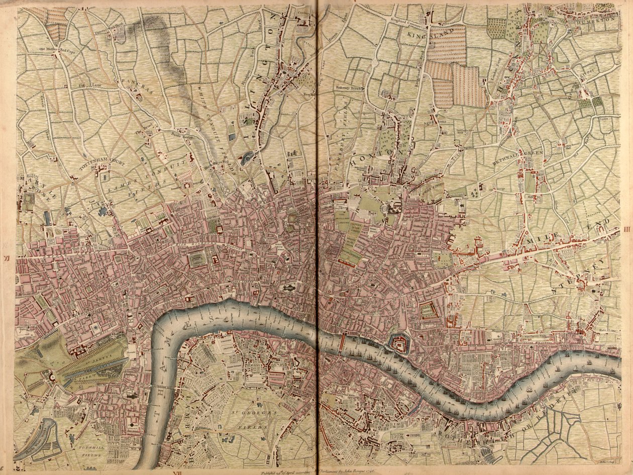 "Přesný přehled měst Londýna a Westminsteru, čtvrti Southwark a krajiny v okolí deseti mil", asi 1746 (rytina) od John Rocque
