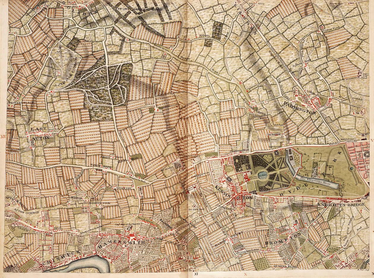 Mapa Actonu, Paddingtonu, Hyde Parku a Kensingtonu od John Rocque