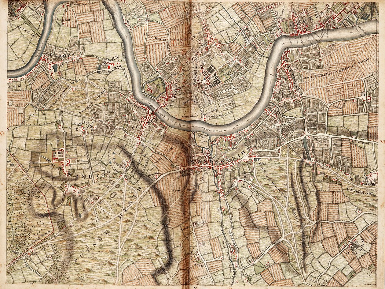 Mapa Barnesu, Battersea, Putney a Wandsworthu od John Rocque