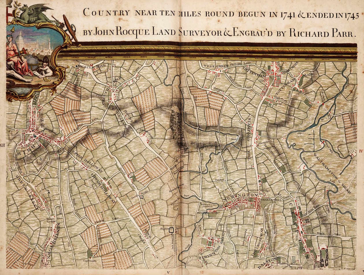 Mapa Highgate, Kentish Town, Holloway, Tottenham a Newington od John Rocque