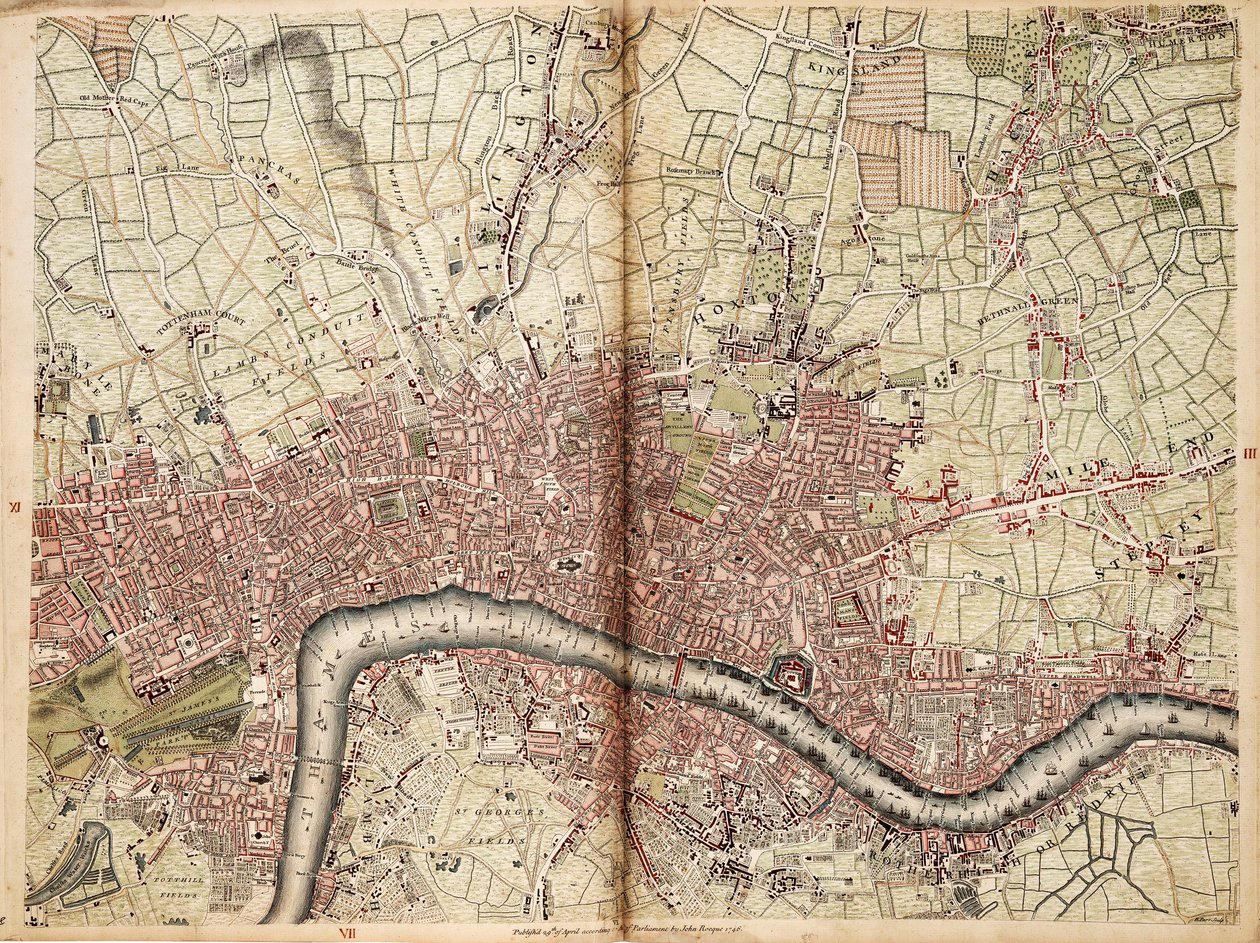 Mapa Islingtonu, Westminsteru, City a Southwarku od John Rocque