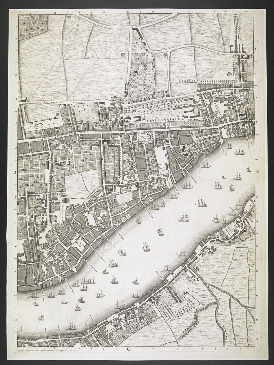 Plán Londýna, dálnice Ratcliff, silnice Upper Shadwell,  Plán měst Londýna a Westminsteru a čtvrti Southwark; : se sousedními budovami; Ze skutečného průzkumu / pořízeného JOHN ROCQUE, Land-Surveyor, a Engraved by John Pine,  J od John Rocque
