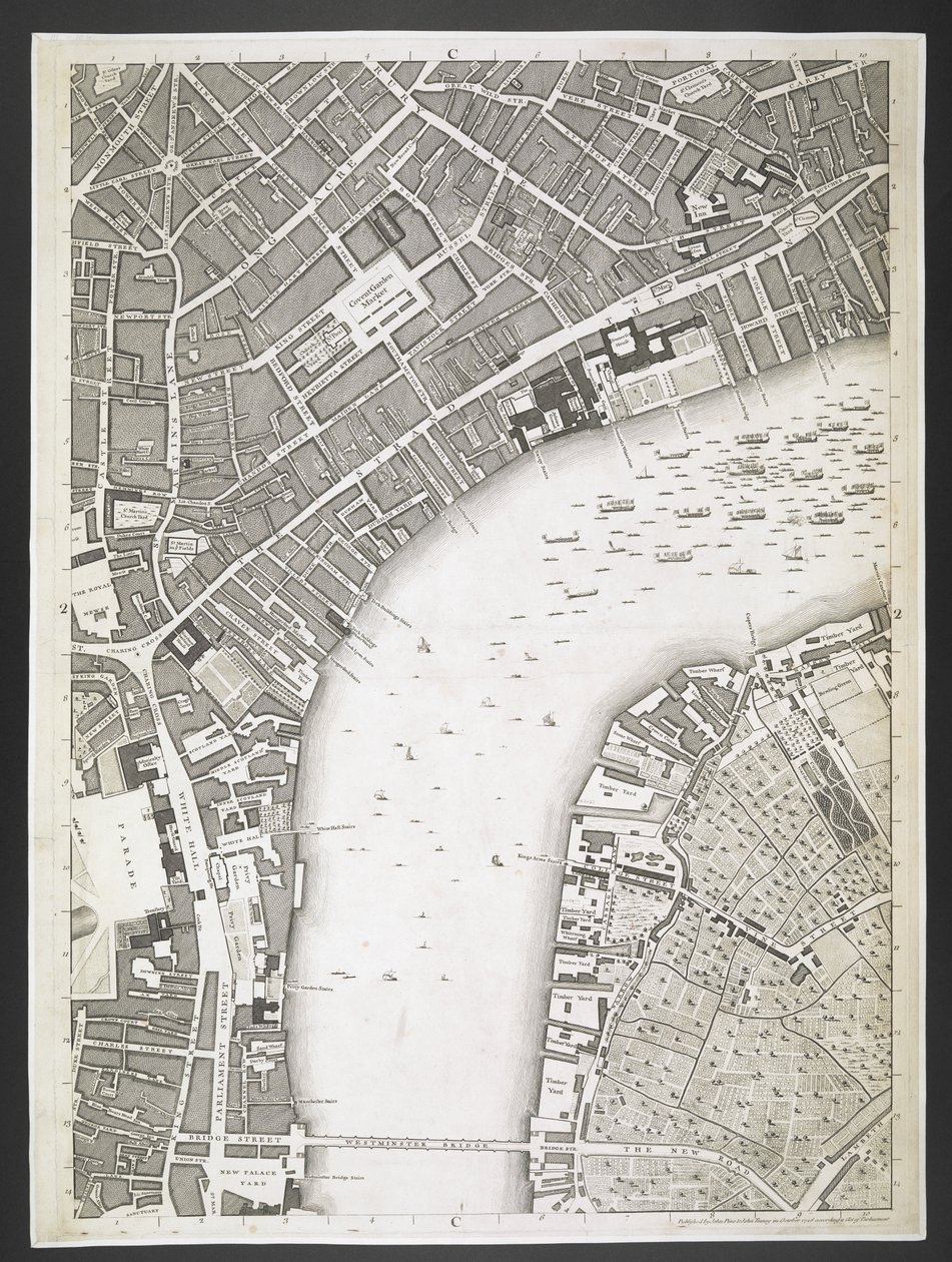 Plán Londýna, Strand, Westminsterský most,  Plán měst Londýna a Westminsteru a čtvrti Southwark; : se sousedními budovami; Ze skutečného průzkumu / pořízeného JOHN ROCQUE, Land-Surveyor, a Engraved by John Pine,  John Rocq od John Rocque