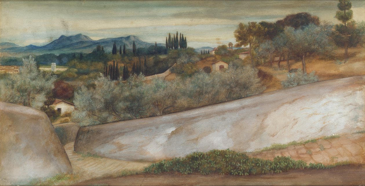 Toskánská krajina s vesnicí a olivovým hájem od John Roddam Spencer Stanhope