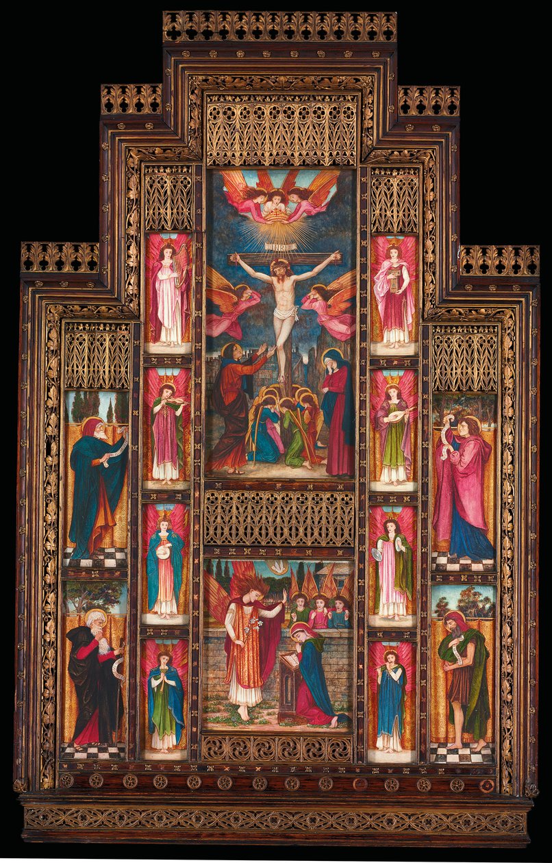 Návrh pro reredos v kostele Nejsvětější Trojice ve Florencii v gotickém rámu od Berniniho z Florencie od John Roddam Spencer Stanhope