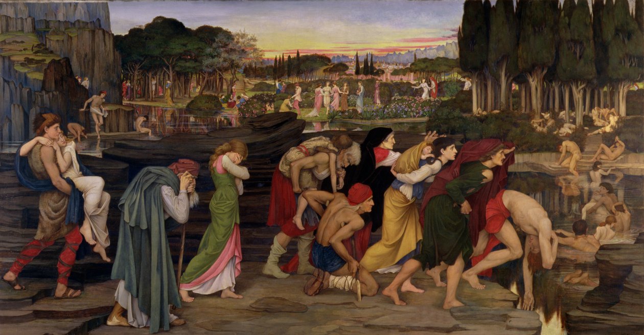 The Waters of Lethe u plání Elysium, kolem roku 1880 (tempera a zlatá barva na plátně) od John Roddam Spencer Stanhope