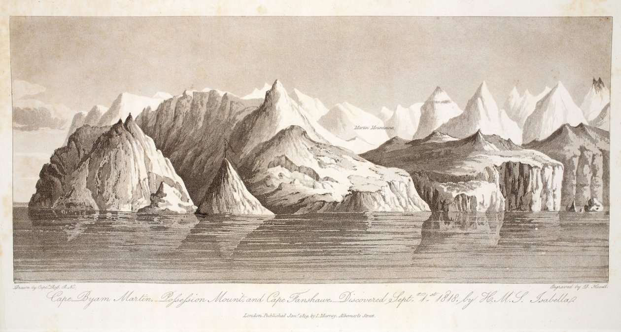 Mys Byam Martin, Pofsefsion Mount a mys Fanshawe, objevené 1. září 1818 lodí HMS Isabella, ilustrace z knihy "A Voyage of discovery...", 1819 od John Ross
