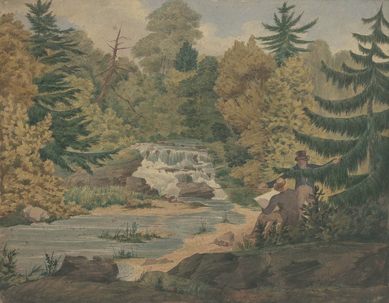 Pohled na druhý vodopád na řece Sawkill, kolem roku 1840 (akvarel a inkoust na tkaném papíře) od John Rubens Smith