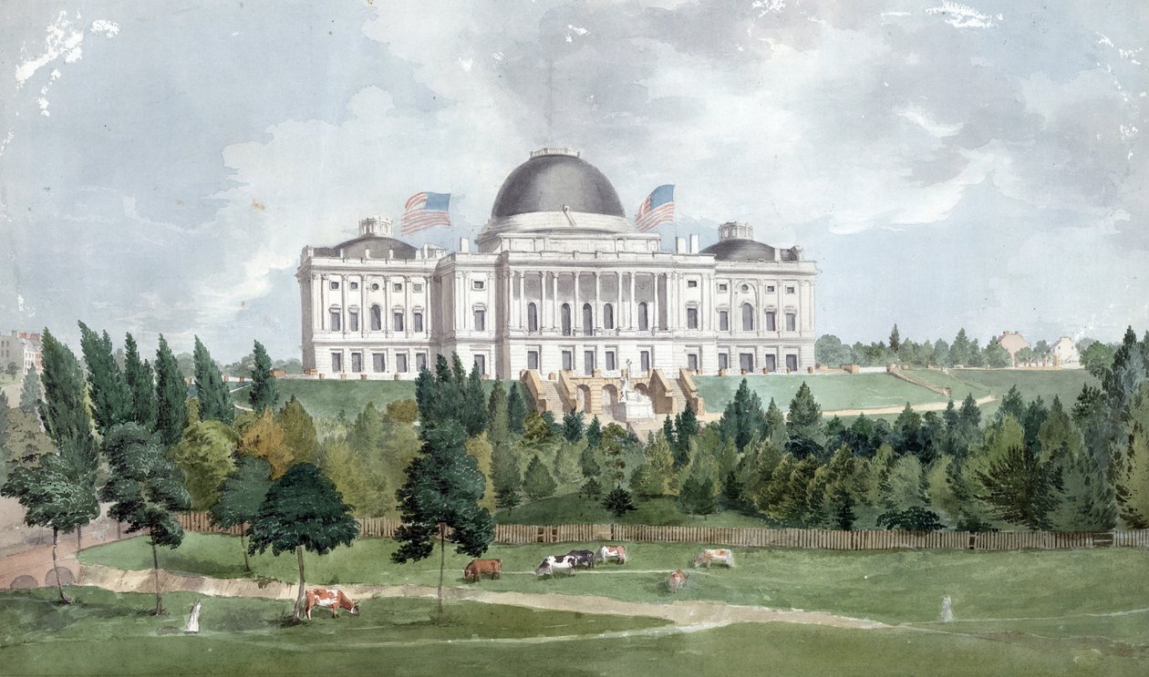 Západní fronta Kapitolu Spojených států s krávami v popředí 1831 (olej na plátně) od John Rubens Smith