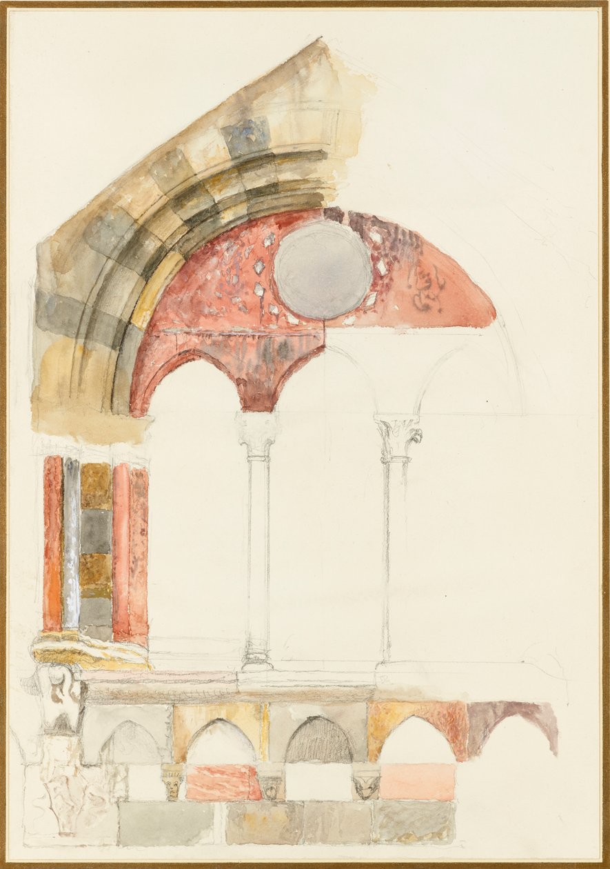 A Window of the Broletto, Como: Rychlý náčrt v barvě, ukazující způsob vykládání mramorů, 1869 od John Ruskin