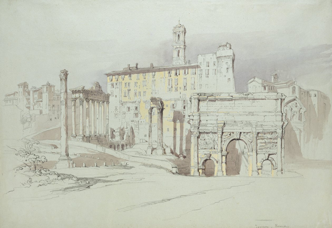 Okno Palazzo Tolomei, Siena, ukazující hrubé a nesymetrické umístění masivních kamenů, 25. - 27. června 1870 (akvarel a tělová barva přes grafit na modrém tkaném papíře) od John Ruskin