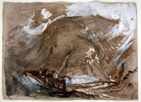 Alpine Valley, cca 1854 (tužka, inkoust a akvarel zvýrazněny bílou barvou na papíře) od John Ruskin