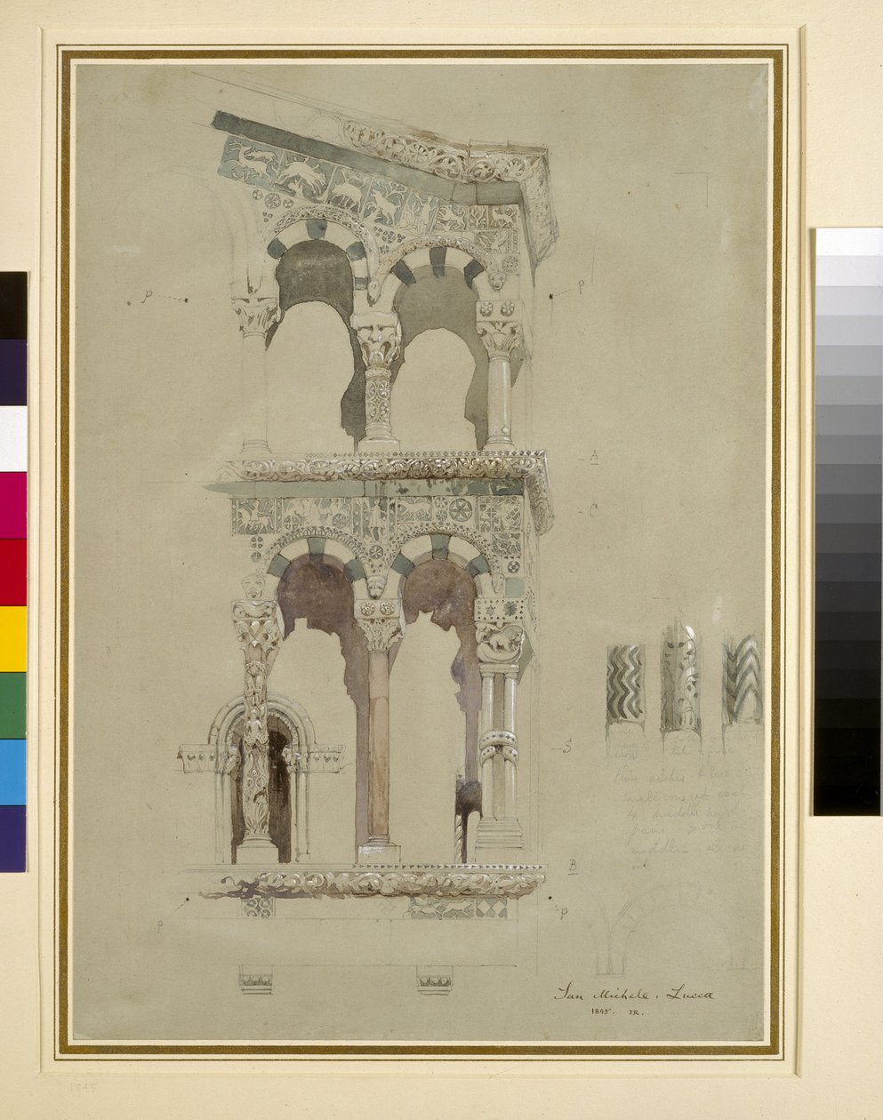 Detail fasády San Michele in Foro, Lucca, 1845 wc na papíře od John Ruskin