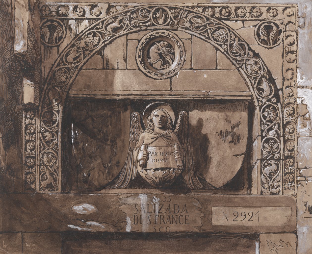 Dveře Palazzo Contarini della Porta di Ferro (pero, inkoust, mytí a bc na papíře) od John Ruskin