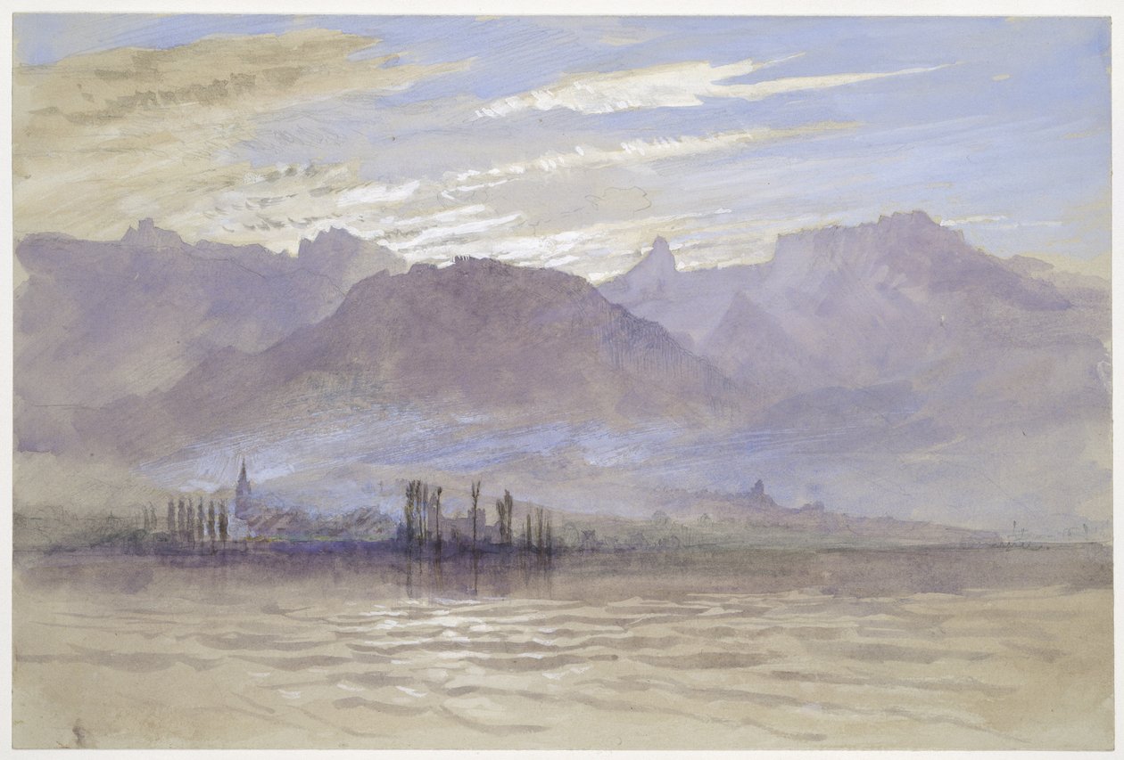 Ráno na jaře, se severovýchodním větrem, ve Vevey, květen - červen 1849 nebo 1. května 1869 (akvarel a tělová barva přes grafit na světle šedý tkaný papír) od John Ruskin