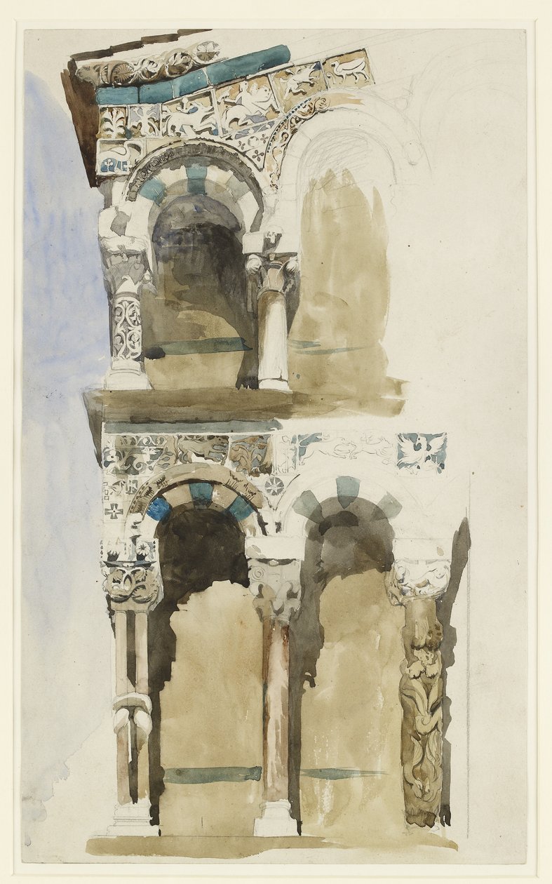 Část fasády zničeného kostela San Michele in Foro, Lucca, barevná skica, 30. června - 1. července 1846 (akvarel na grafitovém papíře) od John Ruskin