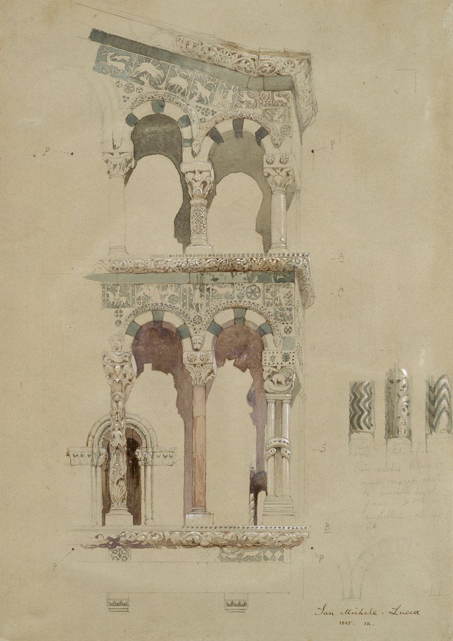Část fasády zničeného kostela San Michele in Foro, Lucca, jak se zdálo v roce 1845, Ma od John Ruskin