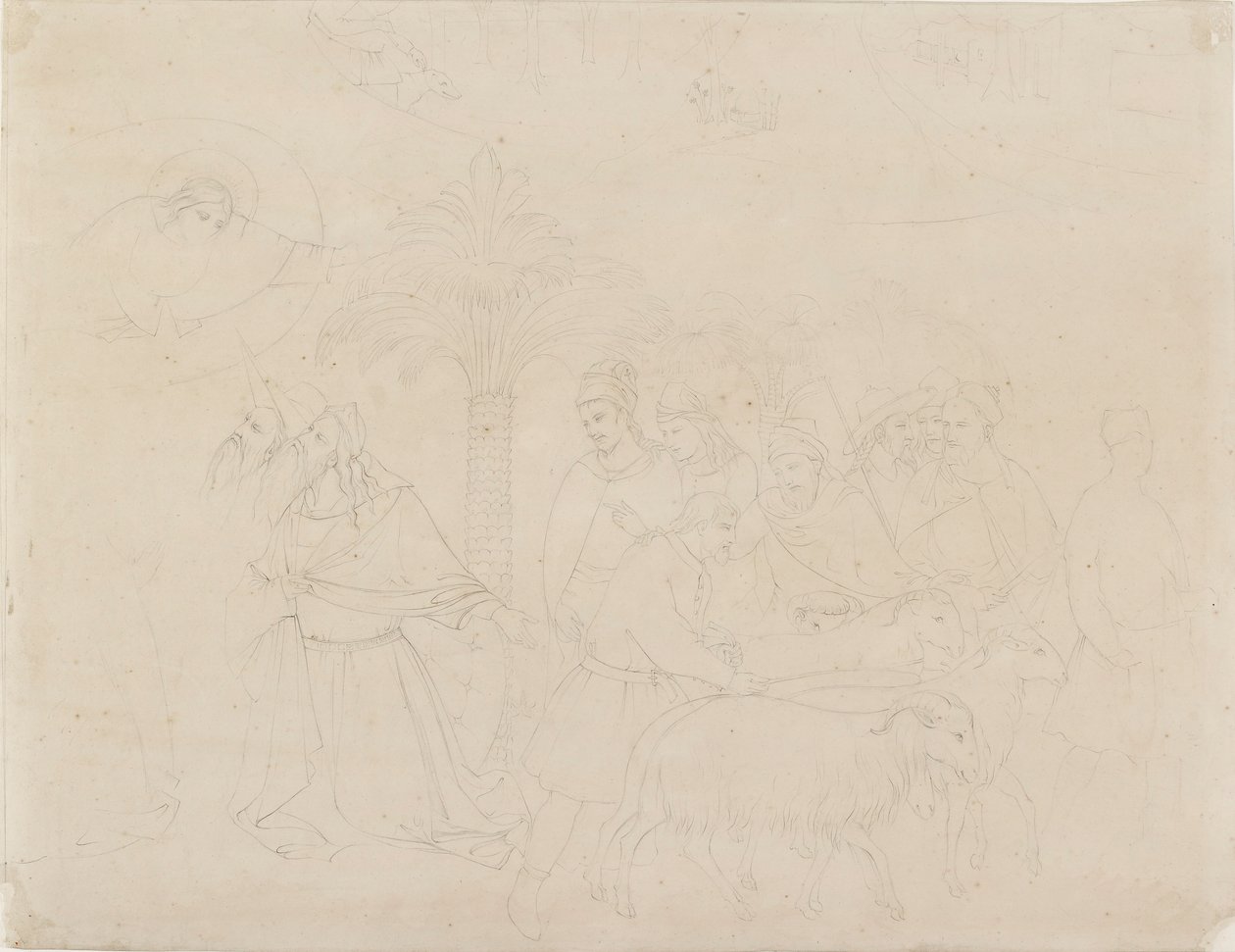 Tužka obrys části fresky „Přátelé Joba“, 1845 od John Ruskin