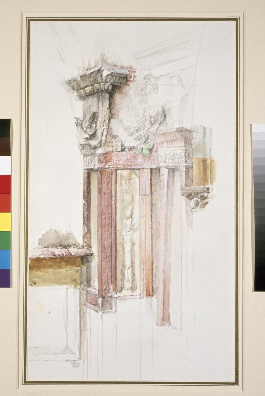 Pilastr na fasádě Sant Anastasia, Verona, červen 1869 (čb a tělový kolorit na papíře, některé linie proužkované) od John Ruskin