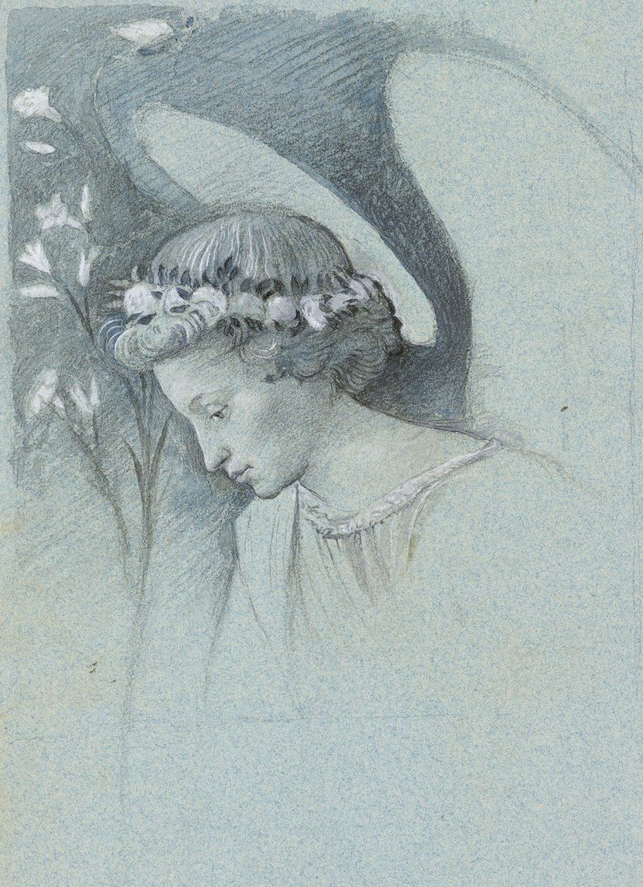 Studie hlavy anděla Gabriela v díle Filippa Lippiho „The Announcing Angel“, 28. června 1870 (grafit, akvarel a tělová barva na modrém tkaném papíře) od John Ruskin