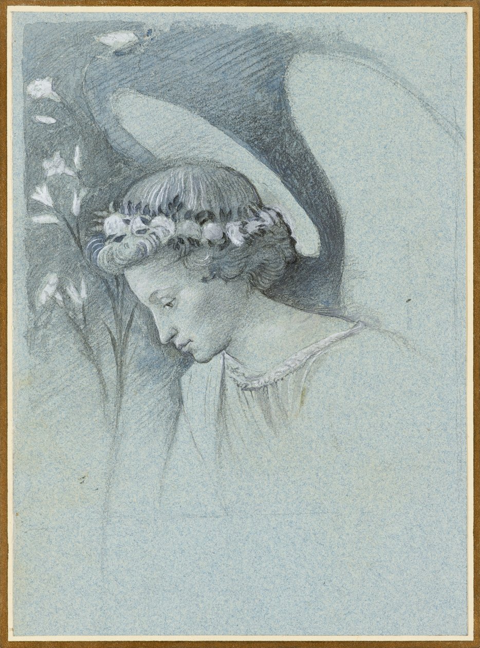 Studie hlavy anděla Gabriela v knize Filippo Lippi The Announcing Angel, 28. června 1870. od John Ruskin