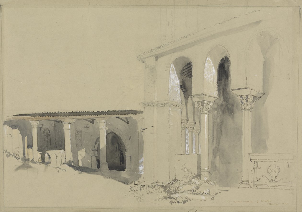 The Great Square at Torcello, 1850 (pero, inkoust a pero přes grafit s kvašem na hnědém tkaném papíru) od John Ruskin