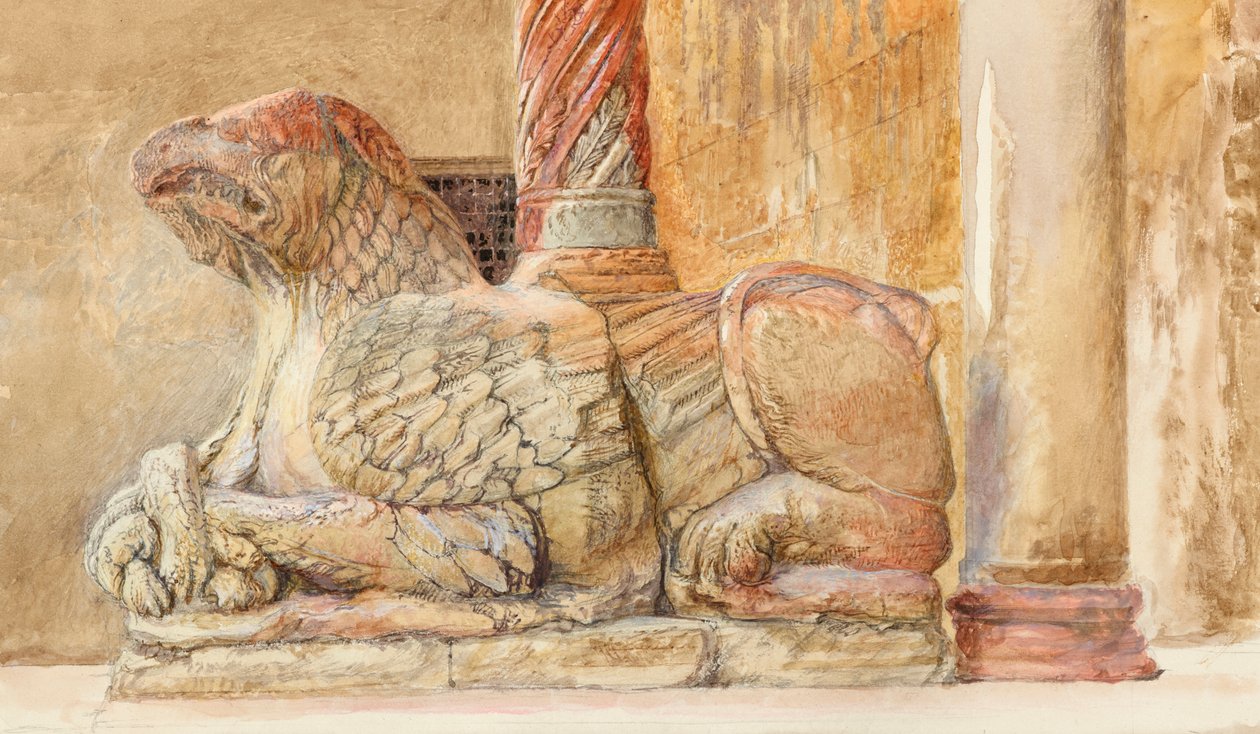 Gryphon nesoucí severní šachtu západního vchodu do Duomo ve Veroně od John Ruskin