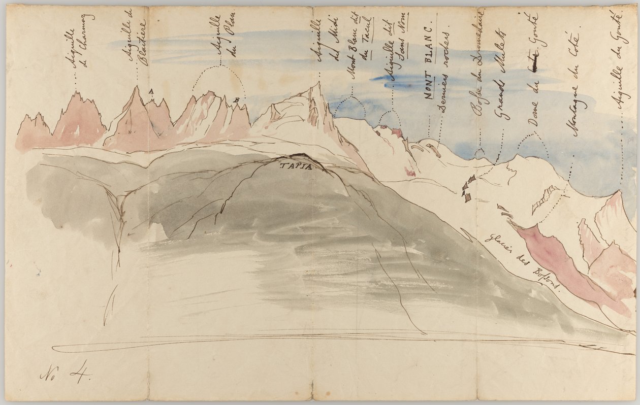 Pohoří Mont Blanc z okolí Chamonix (líc); Skici pohoří Mont Blanc z hory Tapia nad Chamonix, pohled z Ženevy a pohled z hory Dole (rub) od John Ruskin