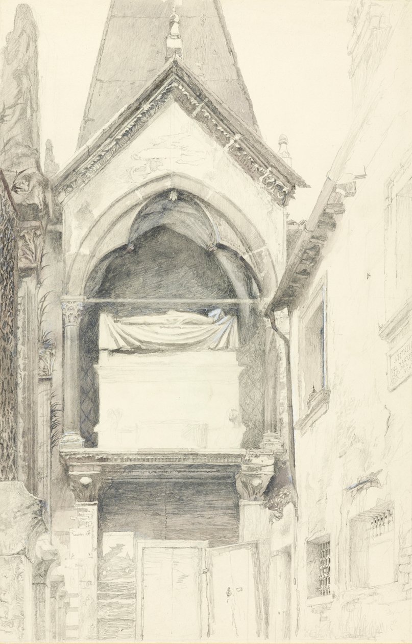 Hrob Cangrande I della Scala, Verona, 28. května – 29. června 1869 (grafit, akvarel a tělová barva na tkaném papíře) od John Ruskin