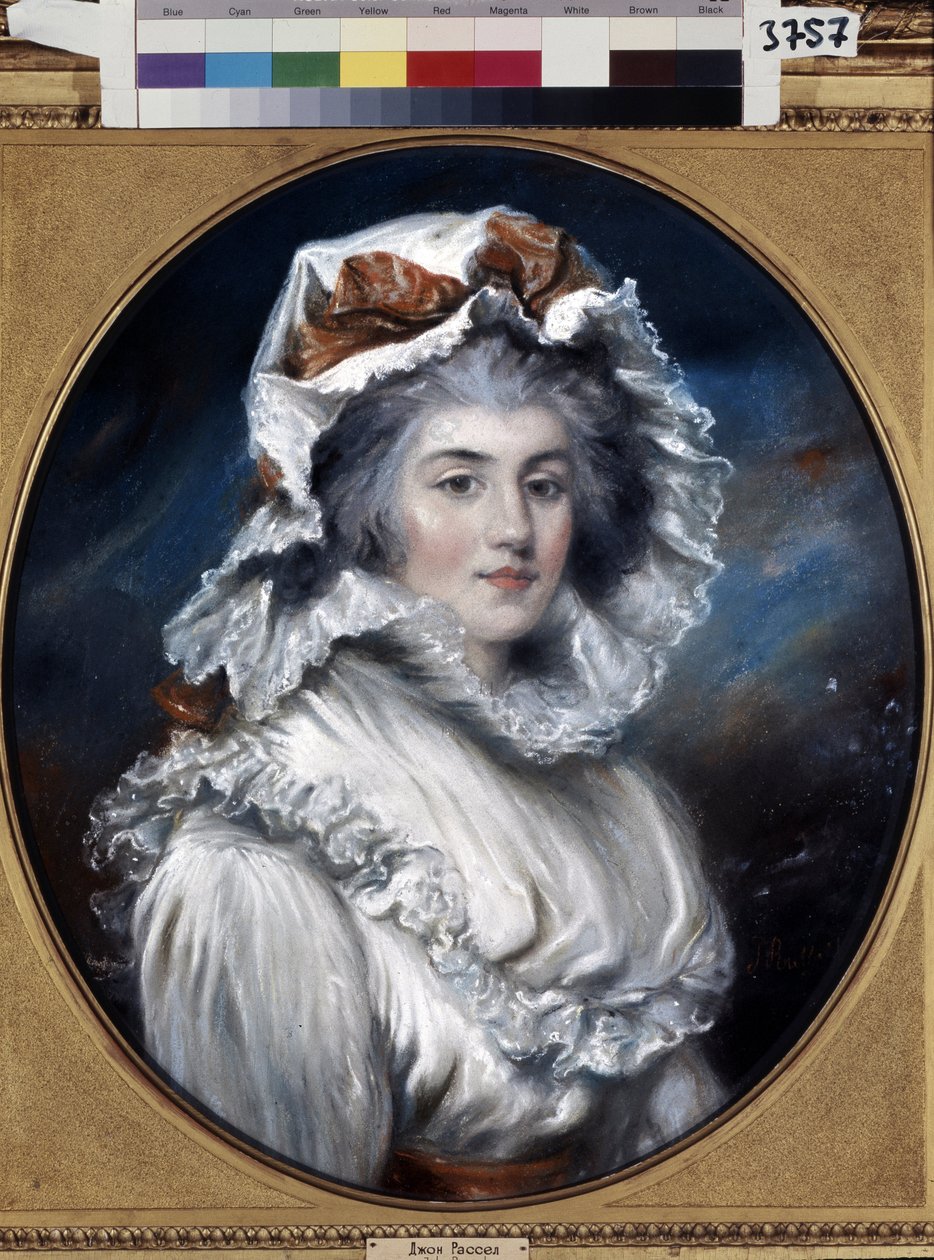 Portrét mladé ženy s čepicí (Portrét dívky v čepici). Kresba Johna Russella (1745-1806). Pastel na papíře, druhá polovina 18. století. Anglické umění 18. století. Muzeum Ermitáž, Petrohrad. od John Russel