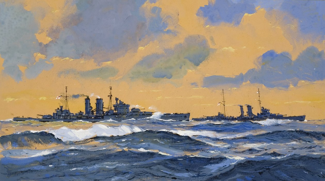 Britské křižníky HMS Exeter a HMS York (kvaš na papíře) od John S. Smith