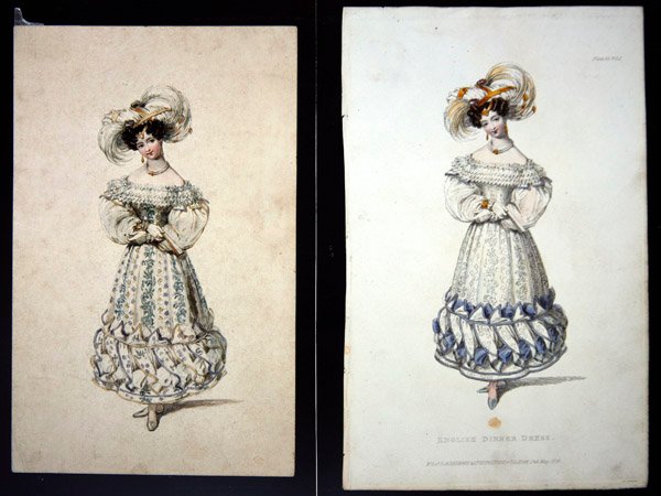 Skica a tisk módního talíře, cca 1829 (tužka a akvarel na papíře a ručně kolorovaná rytina) od John Samuel Agar