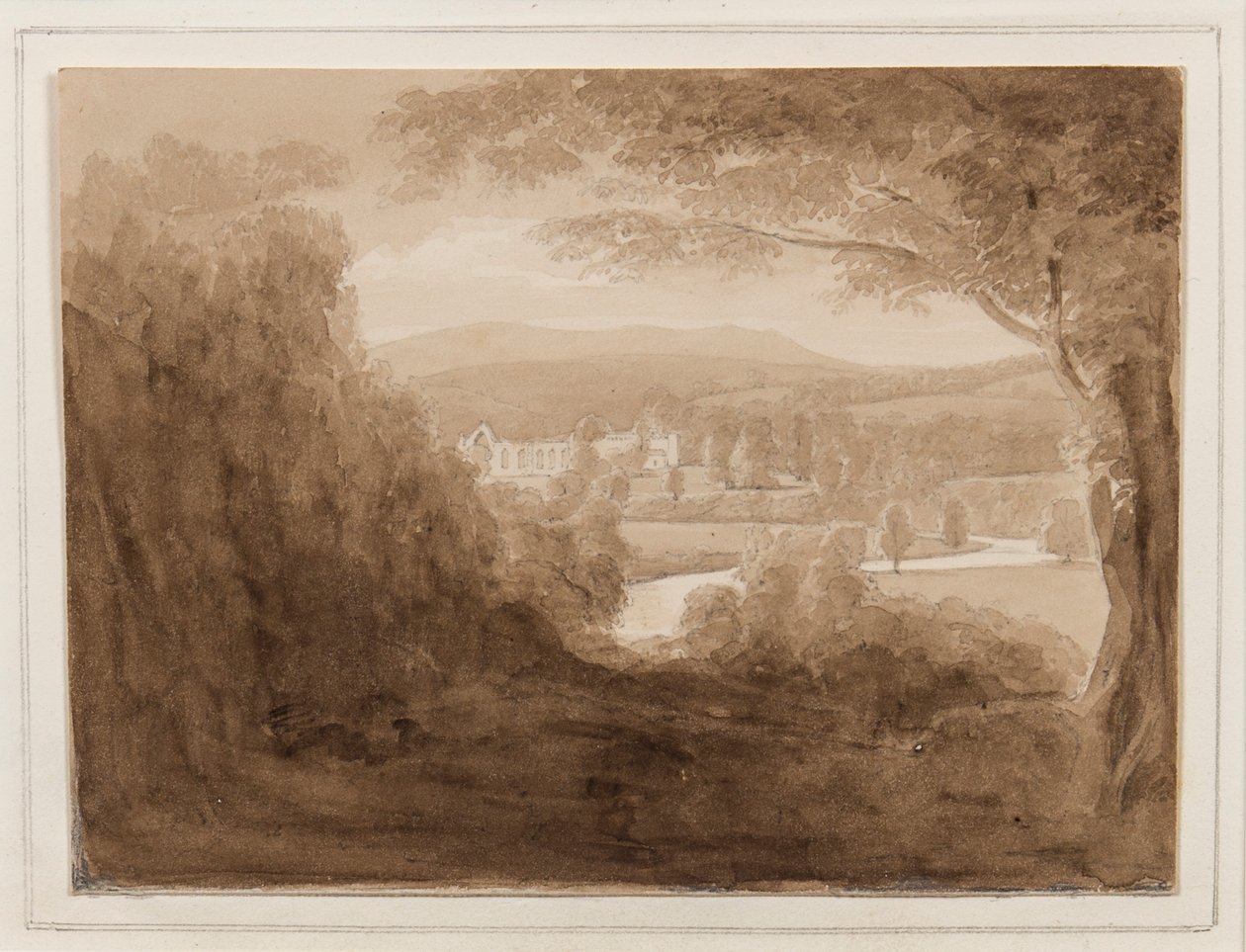 Bolton Abbey, Yorkshire, 25.–27. října 1824 (tužka, štětec a sépiový inkoust na papíře) od John Scarlett Davis