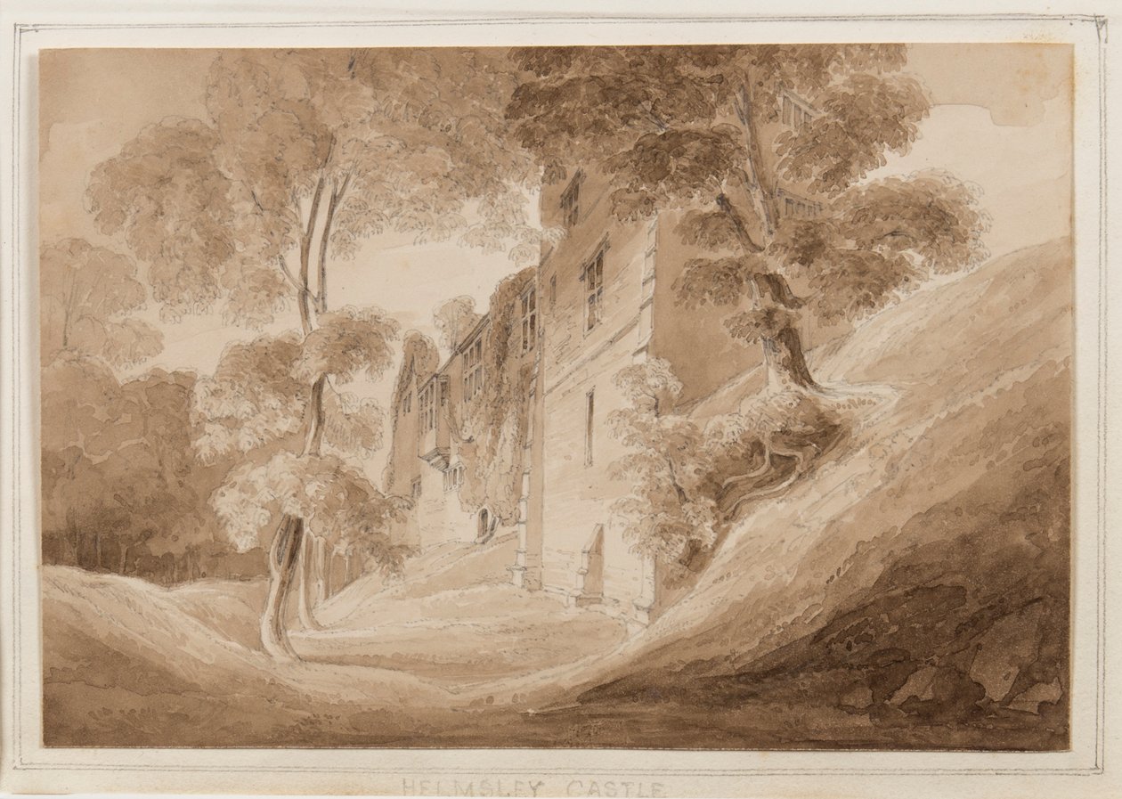 Hrad Helmsley, Yorkshire, 25.–27. října 1824 (tužka, štětec a sépiový inkoust na papíře) od John Scarlett Davis