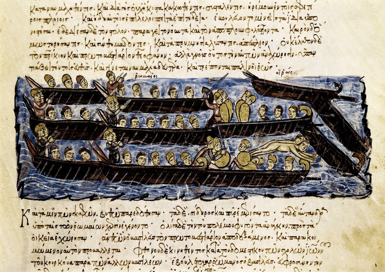 Ruská flotila, miniatura z "Synopsis historiarum", c.1126-1150 od John Scylitzes