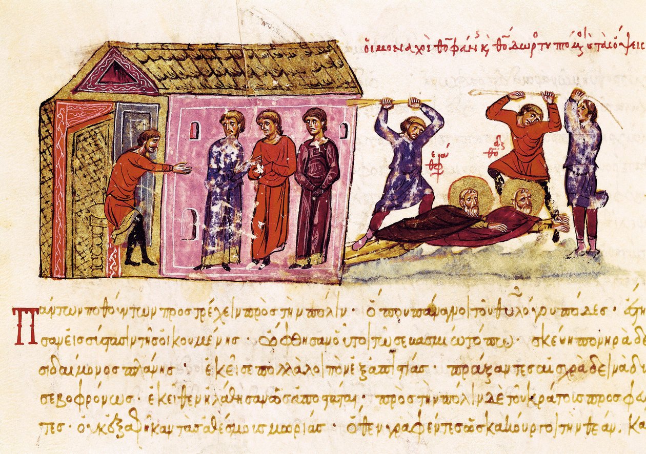 Mniši Saint Theophanes Vyznavač (asi 759-818) a Saint Theodore Studite (759-826) bičovali na příkaz císaře Theophila, miniatura ze "Synopsis historiarum", asi 1126-1150 od John Scylitzes