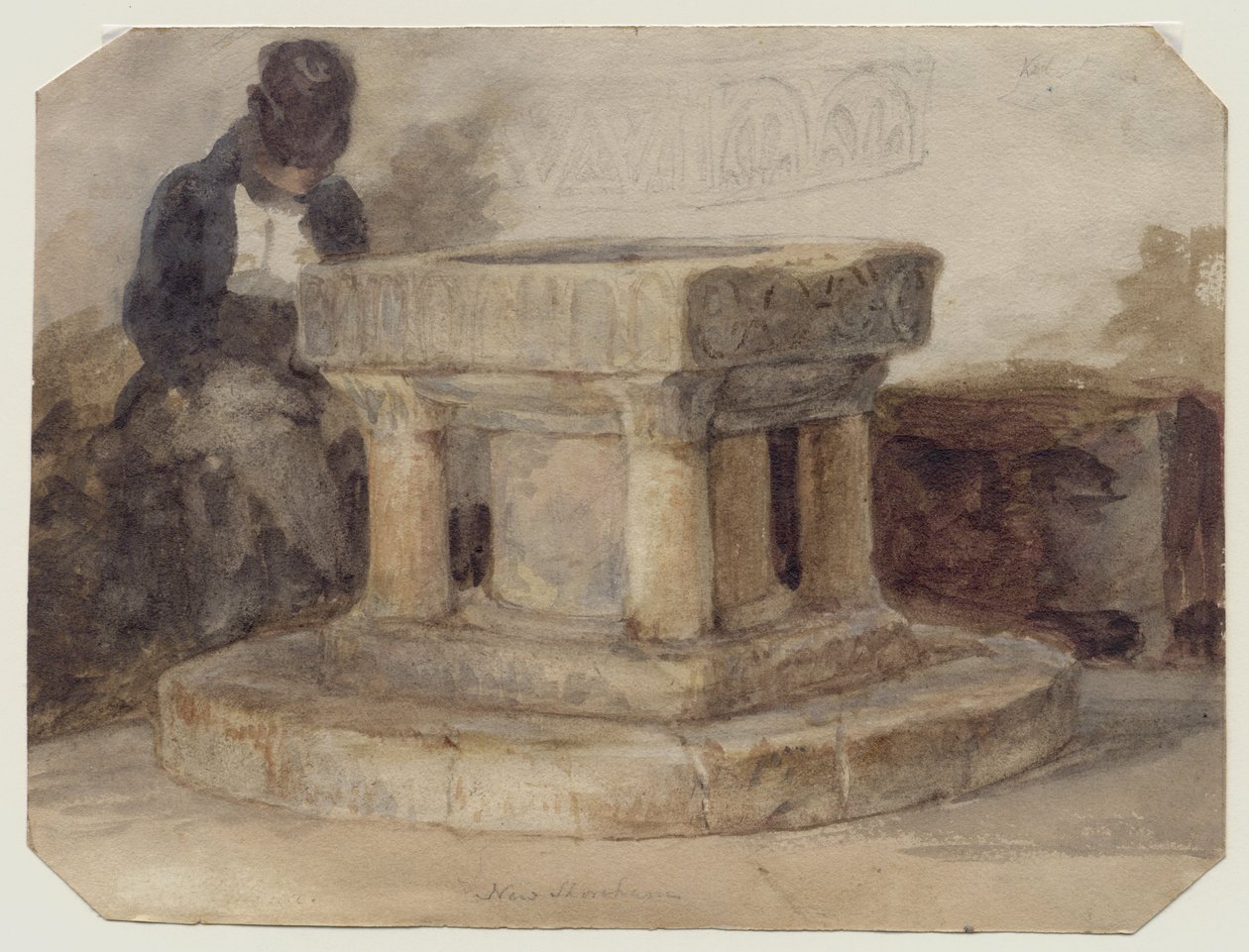 Font of New Shoreham Church, West Sussex, s umělcem Williamem Scottem z Brightonu? od John Sell (style of) Cotman