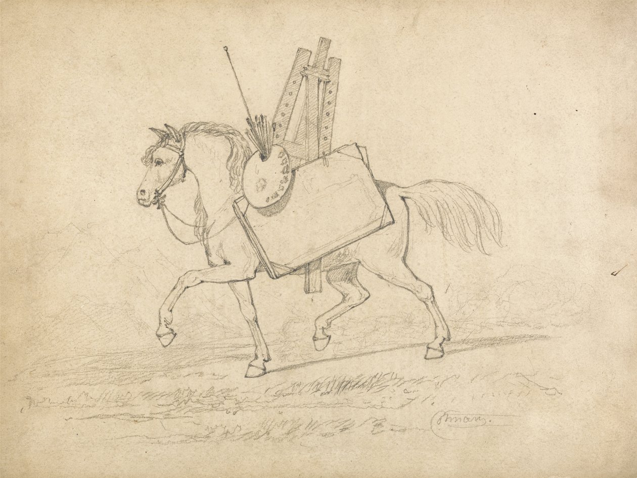 Kůň naložený umělcovým vybavením, kráčející doleva (grafit na papíře) od John Sell Cotman