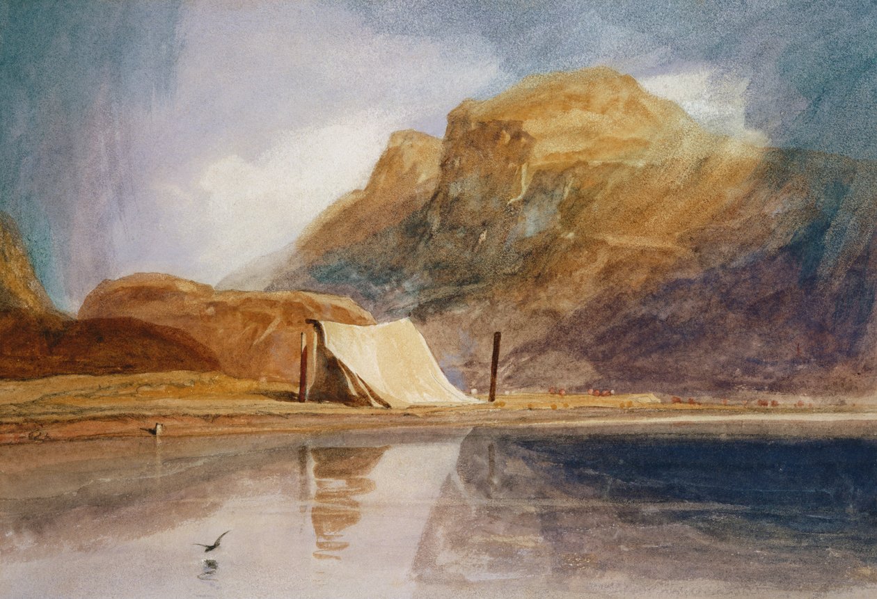 Hornaté jezero se stanem postaveným na pobřeží od John Sell Cotman