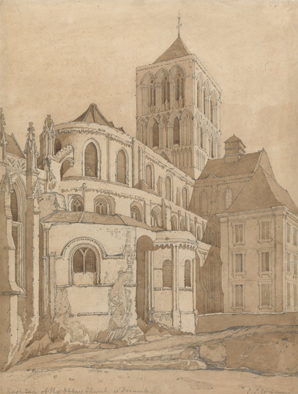 Abbey Church ve Fecamp, Normandie, cca 1817-20 (grafit a hnědá barva na papíře) od John Sell Cotman
