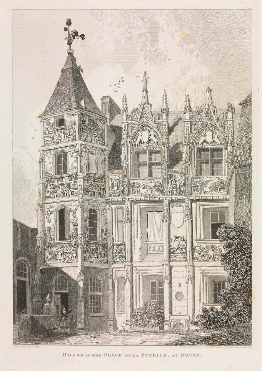 Architectural Antiquities of Normandie Vol. II, Pl. 64: Dům na Place de la Pucelle, v Rouen, od John Sell Cotman