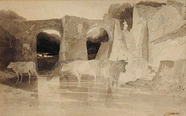Bridge and Cows (pero a inkoust a mytí na papíře) od John Sell Cotman