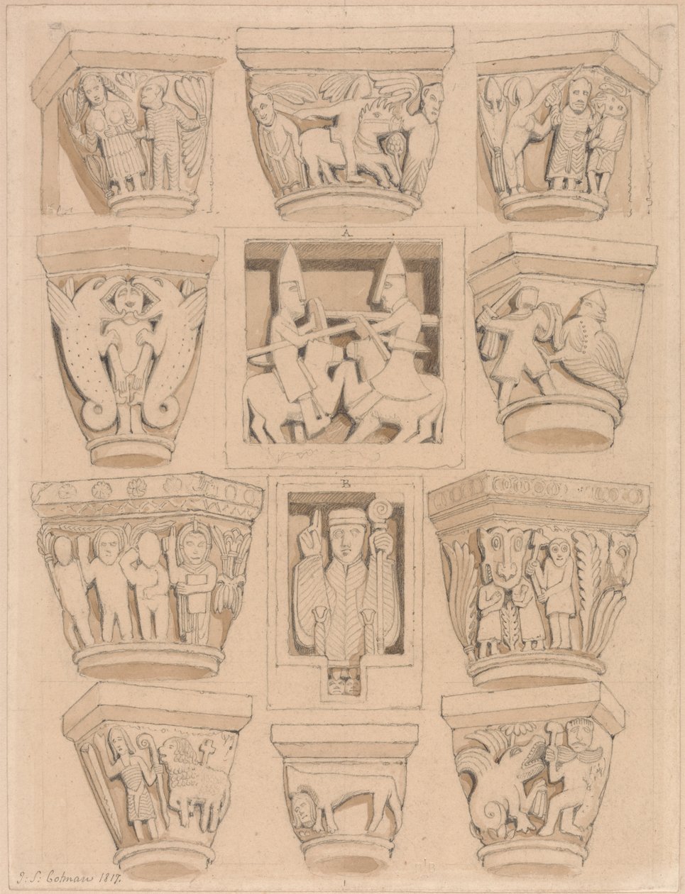 Basreliéfy Capitals a A & B v opatském kostele Saint Georges de Bocherville, poblíž Rouen, Normandie od John Sell Cotman