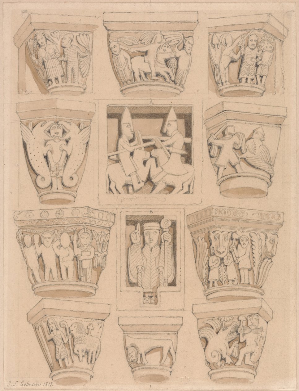 Kapitály a A  amp; B Bas-věže v opatském kostele Saint Georges de Bocherville u Rouenu, Normandie od John Sell Cotman