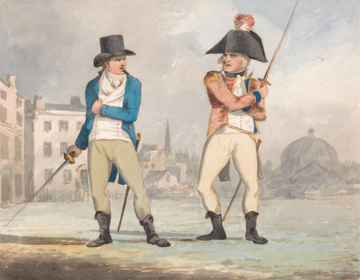 Karikatura dvou mužů s tasenými meči (jeden ze sady tří) od John Sell Cotman