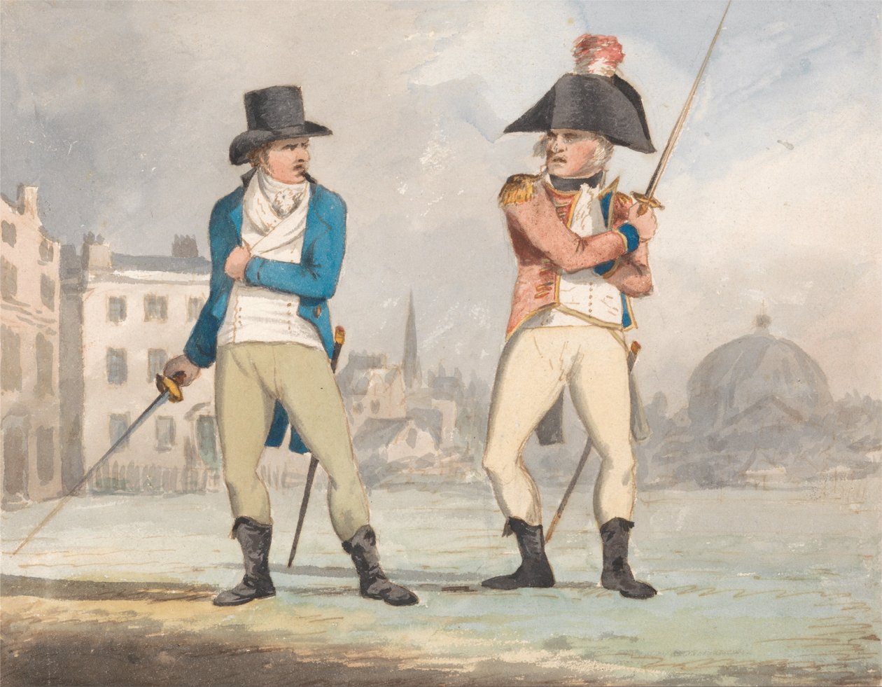 Karikatura dvou mužů s tasenými meči (jedna ze sady tří) od John Sell Cotman